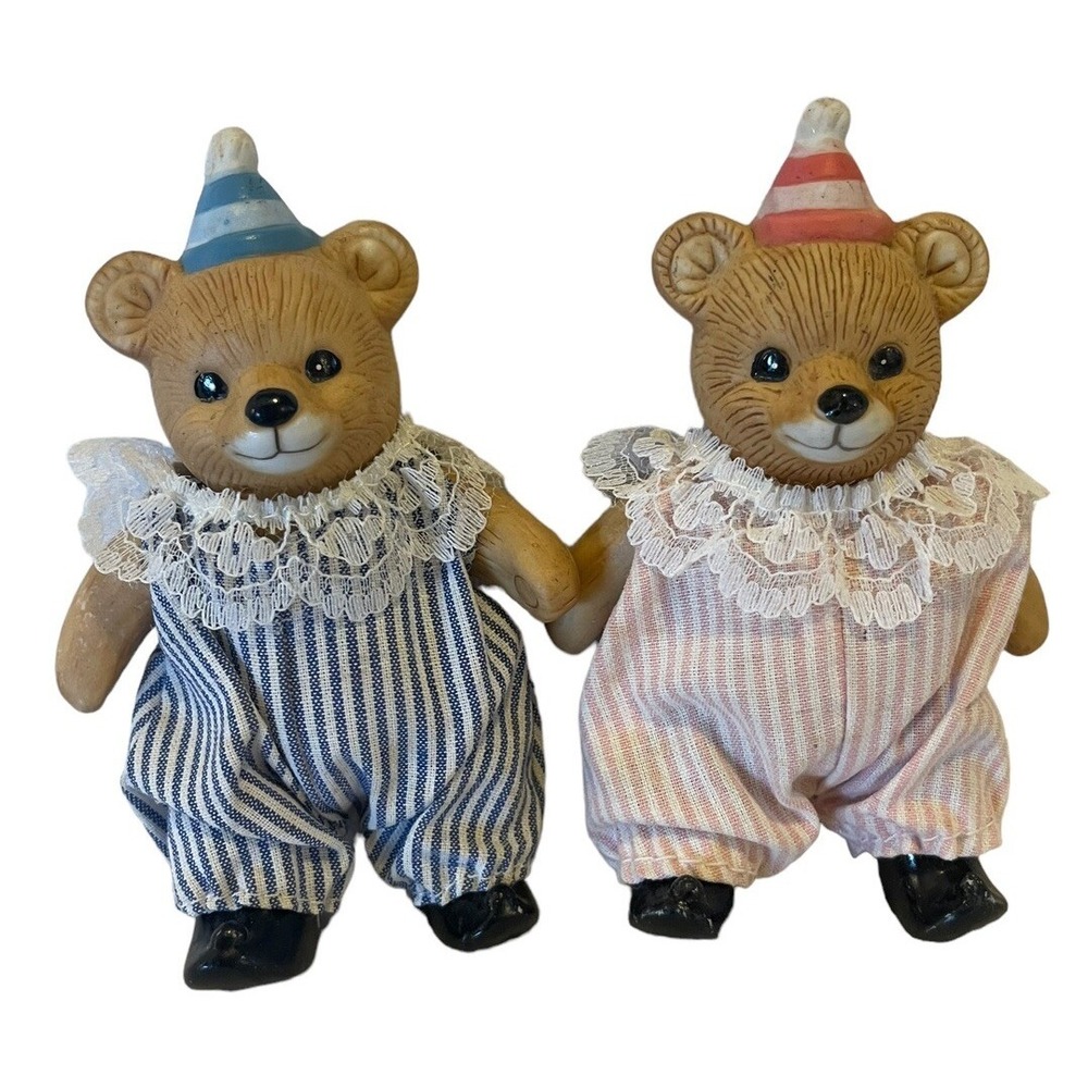 Homco Clown Bears Jointed Figurines Blue And Pink Striped Outfits